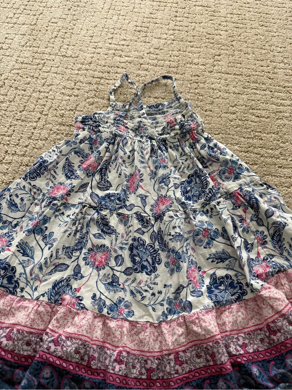 Old Navy White Maxi Dress with Blue Floral and Pink Trim